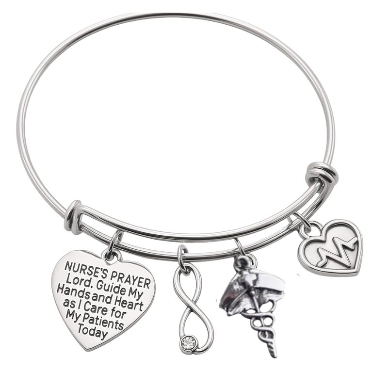 Infinity Collection Nurse Prayer Bracelet â€“ Adjustable Bangle with Stethoscope, Heartbeat, and Caduceus Charms â€“ Inspirational Jewelry Gift for Nurses, RN Graduation, or Appreciation - Image 1